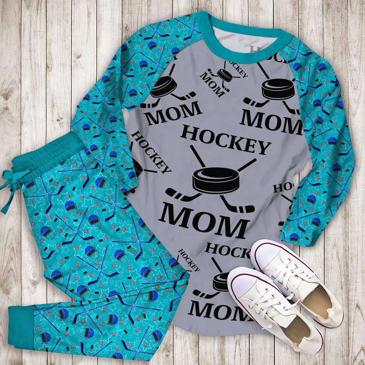 Hockey Mom Pajama Set |Sleepwear Pjs Sets | Raglan Shirt Pants Set