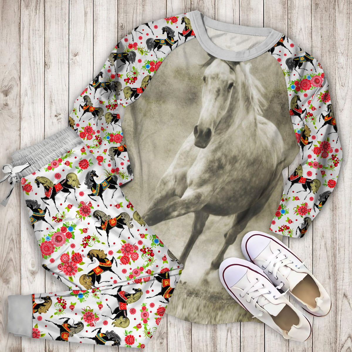 Galloping Dappled Grey Horse Pajama Set | Pajamas | Cotton Sleepwear Sets | Soft Long Sleeve Pjs | Raglan Shirt and Pants Set