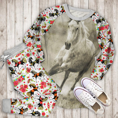 Galloping Dappled Grey Horse Pajama Set | Pajamas | Cotton Sleepwear Sets | Soft Long Sleeve Pjs | Raglan Shirt and Pants Set