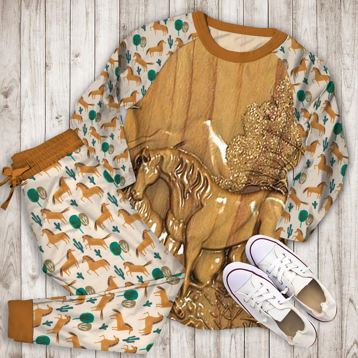 Horse Pajama Set | Pajamas | Cotton Sleepwear Sets | Soft Long Sleeve Pjs | Raglan Shirt and Pants Set