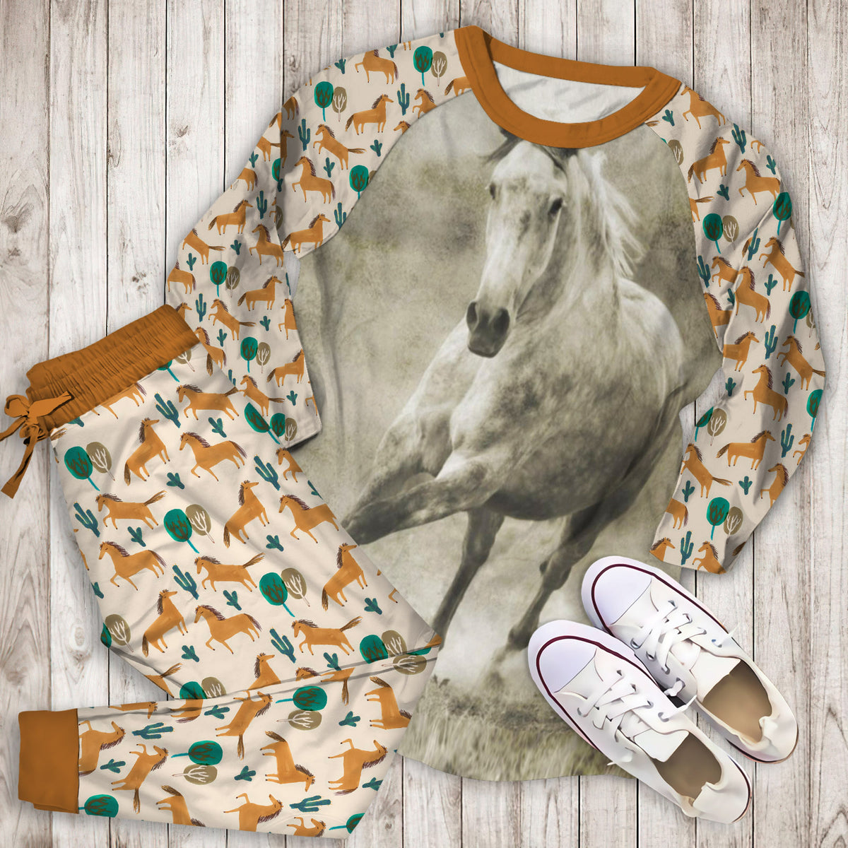 Galloping Dappled Grey Horse Pajama Set | Pajamas | Cotton Sleepwear Sets | Soft Long Sleeve Pjs | Raglan Shirt and Pants Set