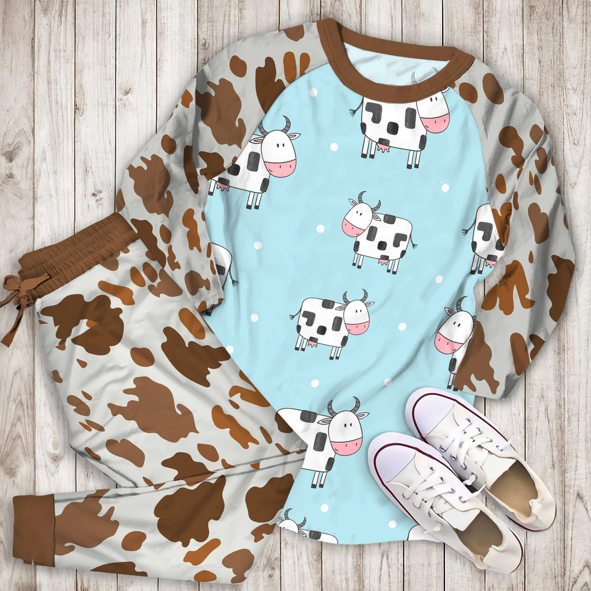 Doodle Cow Pajama Set |Sleepwear Pjs Sets | Raglan Shirt Pants Set
