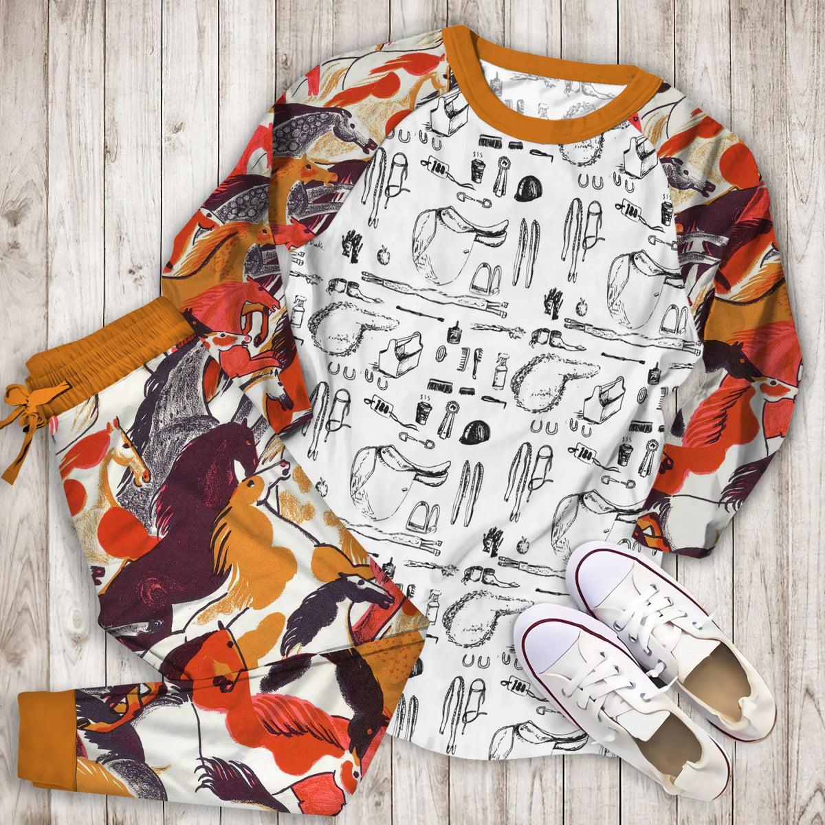 Horse Show Pajama Set | Pajamas | Cotton Sleepwear Sets | Soft Long Sleeve Pjs | Raglan Shirt and Pants Set