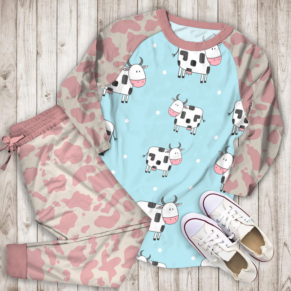 Doodle Cow Pajama Set |Sleepwear Pjs Sets | Raglan Shirt Pants Set