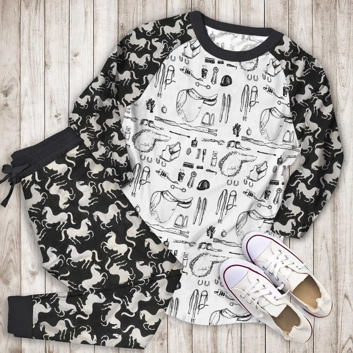 Horse Show Pajama Set | Pajamas | Cotton Sleepwear Sets | Soft Long Sleeve Pjs | Raglan Shirt and Pants Set