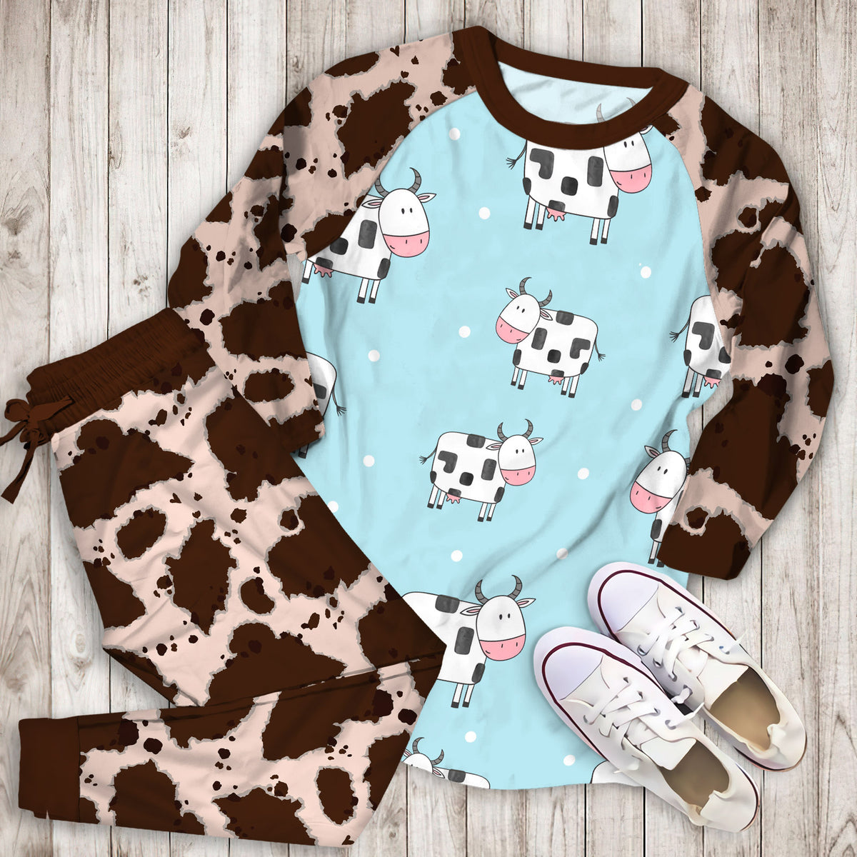 Doodle Cow Pajama Set |Sleepwear Pjs Sets | Raglan Shirt Pants Set