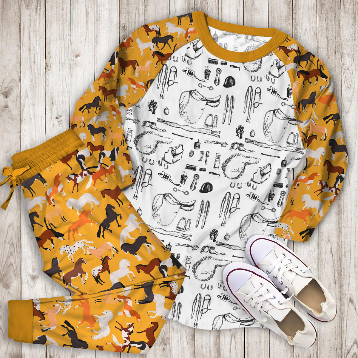 Horse Show Pajama Set | Pajamas | Cotton Sleepwear Sets | Soft Long Sleeve Pjs | Raglan Shirt and Pants Set