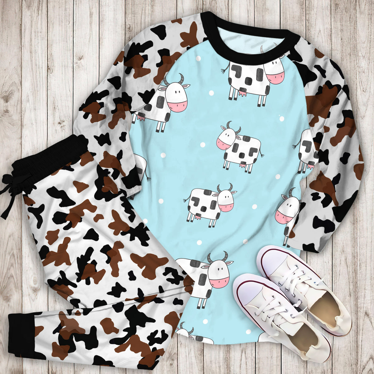 Doodle Cow Pajama Set |Sleepwear Pjs Sets | Raglan Shirt Pants Set