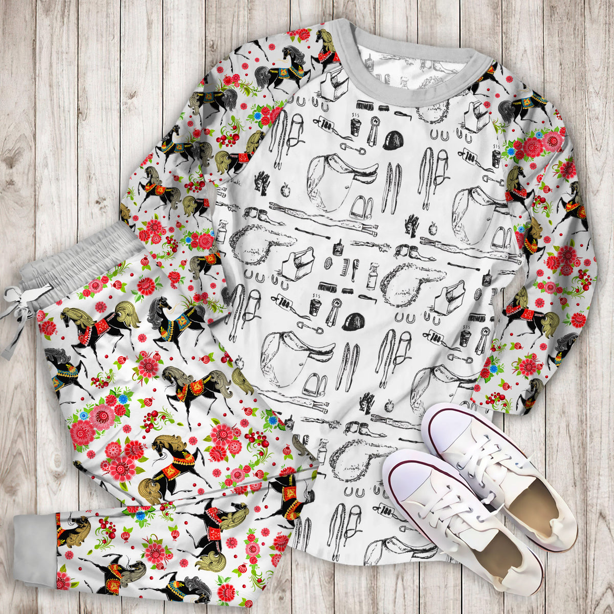 Horse Show Pajama Set | Pajamas | Cotton Sleepwear Sets | Soft Long Sleeve Pjs | Raglan Shirt and Pants Set