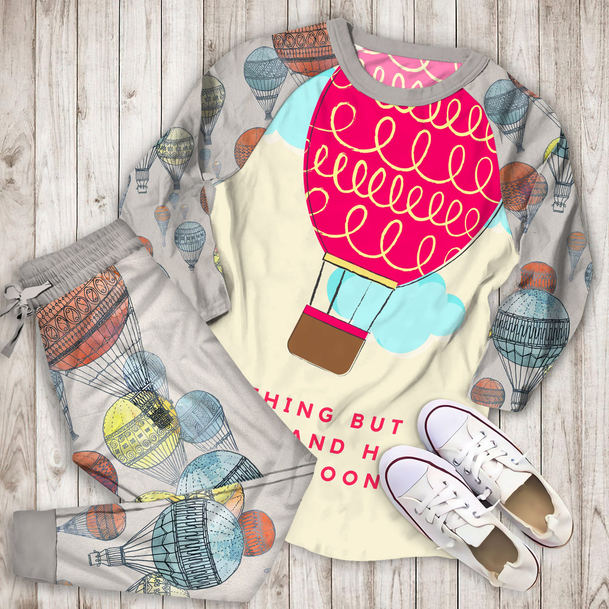 Hot Air Balloon Personalized Name Pajama Set |Sleepwear Pjs Sets | Raglan Shirt Pants Set