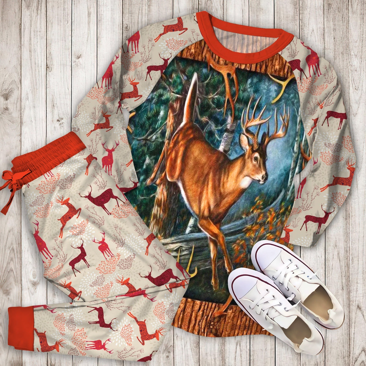 Deer Hunting Pajama Set | Pajamas | Cotton Sleepwear Sets | Soft Long Sleeve Pjs | Raglan Shirt and Pants Set