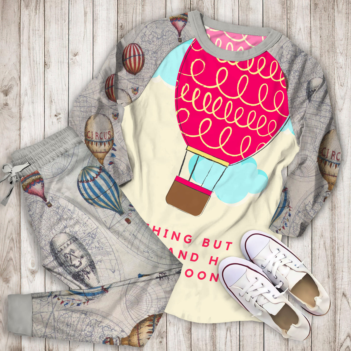 Hot Air Balloon Personalized Name Pajama Set |Sleepwear Pjs Sets | Raglan Shirt Pants Set