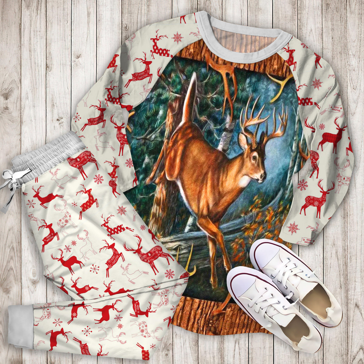 Deer Hunting Pajama Set | Pajamas | Cotton Sleepwear Sets | Soft Long Sleeve Pjs | Raglan Shirt and Pants Set