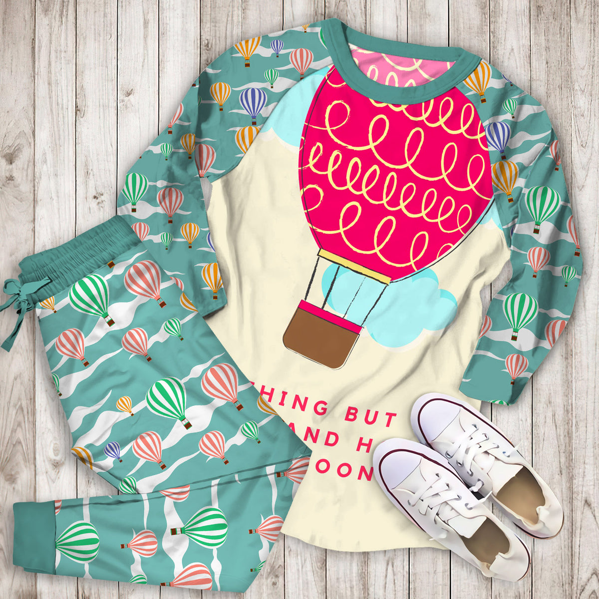 Hot Air Balloon Personalized Name Pajama Set |Sleepwear Pjs Sets | Raglan Shirt Pants Set
