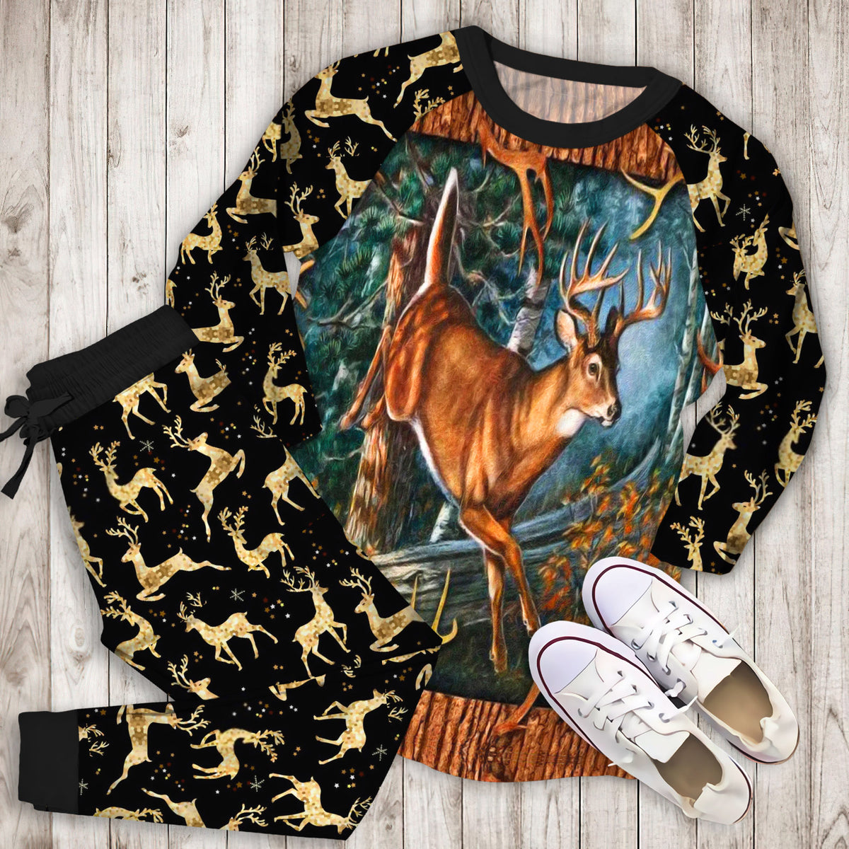 Deer Hunting Pajama Set | Pajamas | Cotton Sleepwear Sets | Soft Long Sleeve Pjs | Raglan Shirt and Pants Set