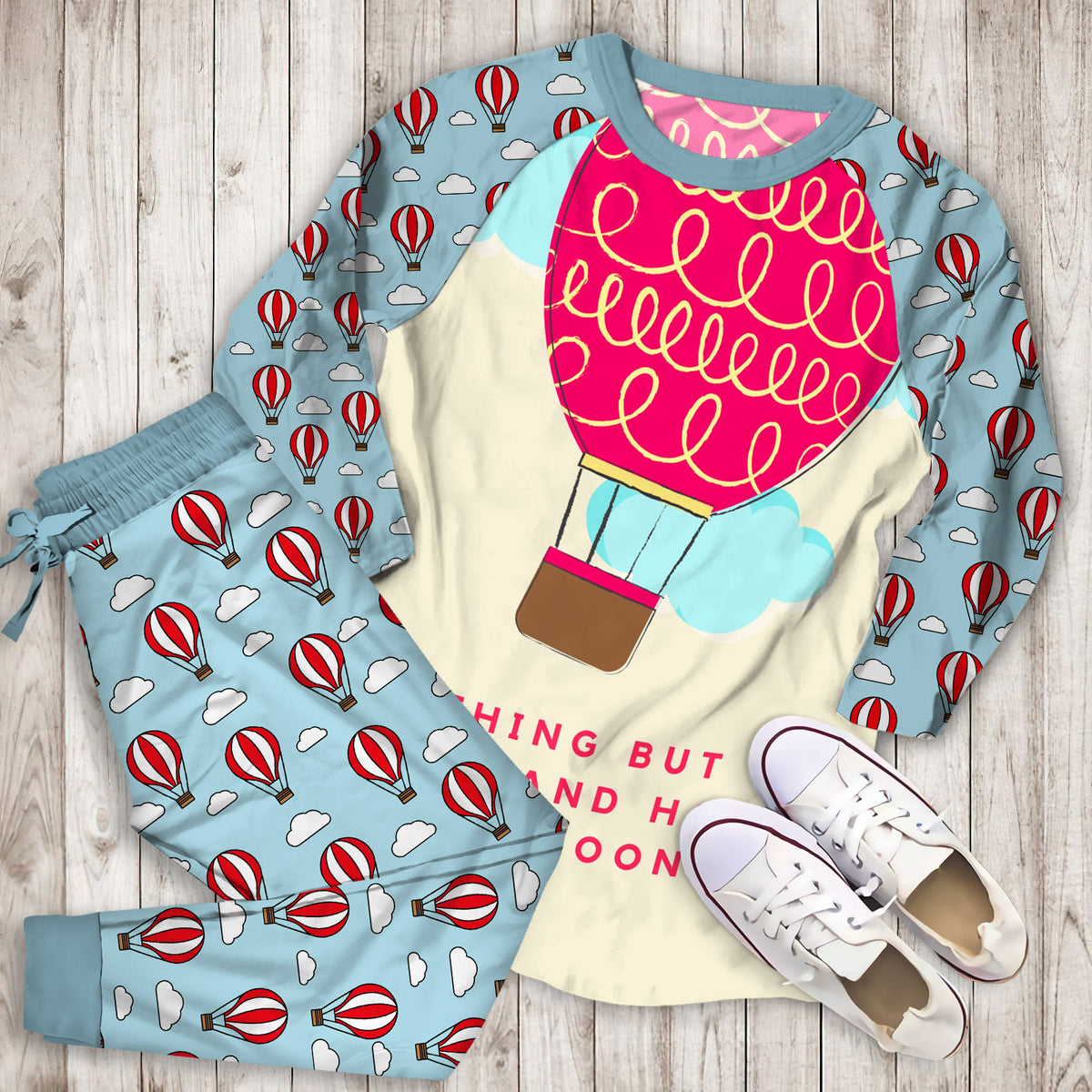 Hot Air Balloon Personalized Name Pajama Set |Sleepwear Pjs Sets | Raglan Shirt Pants Set