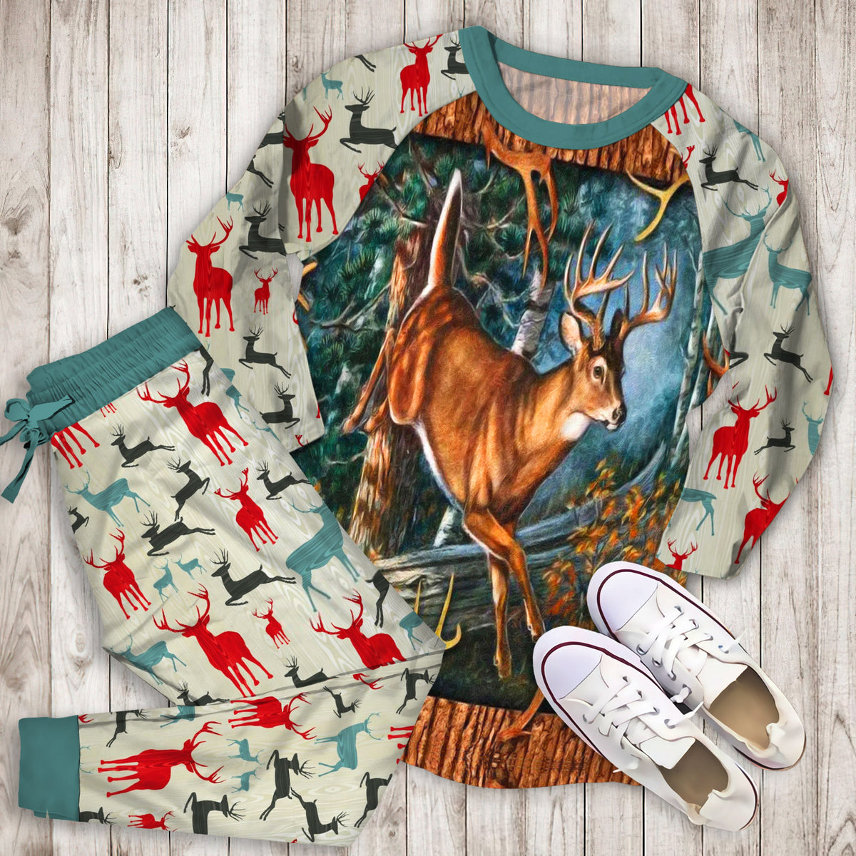 Deer Hunting Pajama Set | Pajamas | Cotton Sleepwear Sets | Soft Long Sleeve Pjs | Raglan Shirt and Pants Set