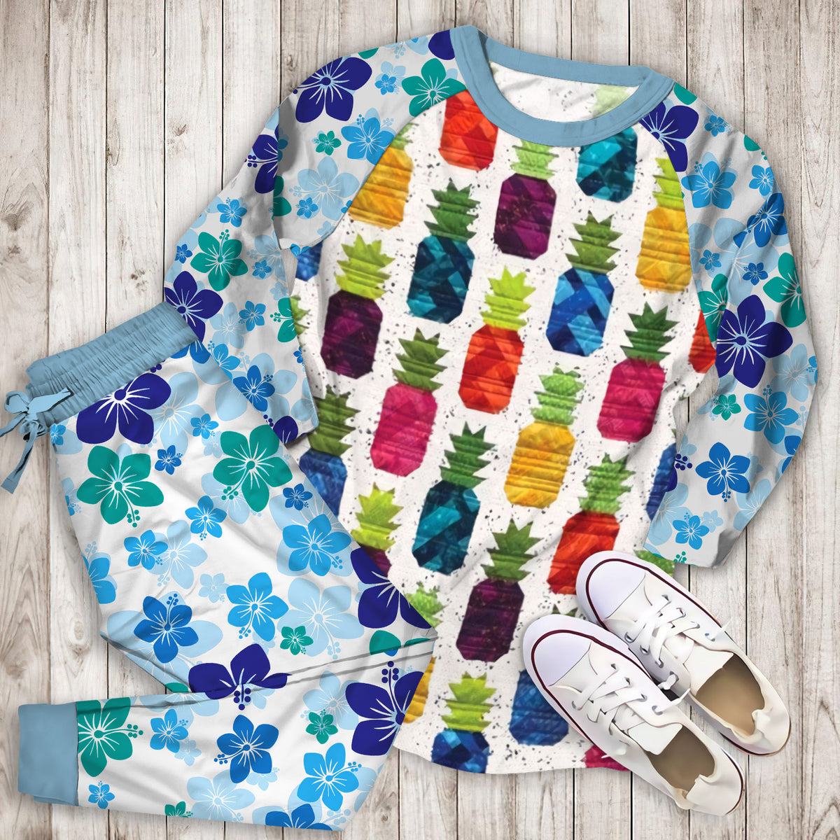 Hawaii Pineapple Pajama Set |Sleepwear Pjs Sets | Raglan Shirt Pants Set
