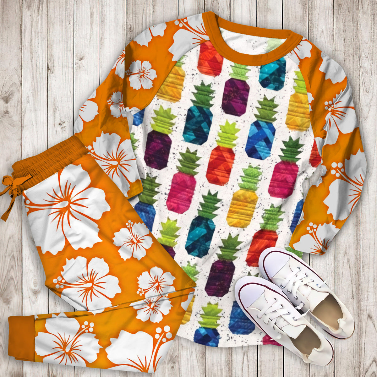 Hawaii Pineapple Pajama Set |Sleepwear Pjs Sets | Raglan Shirt Pants Set