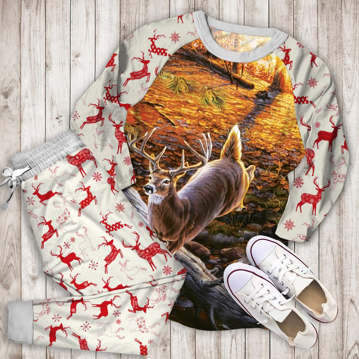Deer Whitetail Pajama Set | Pajamas | Cotton Sleepwear Sets | Soft Long Sleeve Pjs | Raglan Shirt and Pants Set