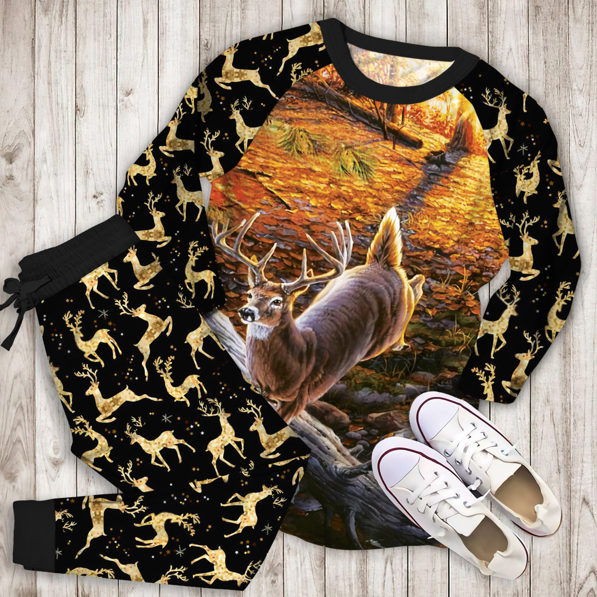 Deer Whitetail Pajama Set | Pajamas | Cotton Sleepwear Sets | Soft Long Sleeve Pjs | Raglan Shirt and Pants Set