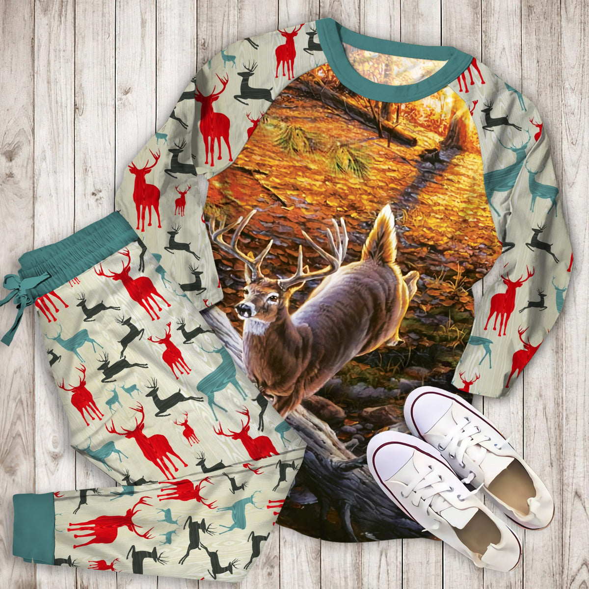 Deer Whitetail Pajama Set | Pajamas | Cotton Sleepwear Sets | Soft Long Sleeve Pjs | Raglan Shirt and Pants Set