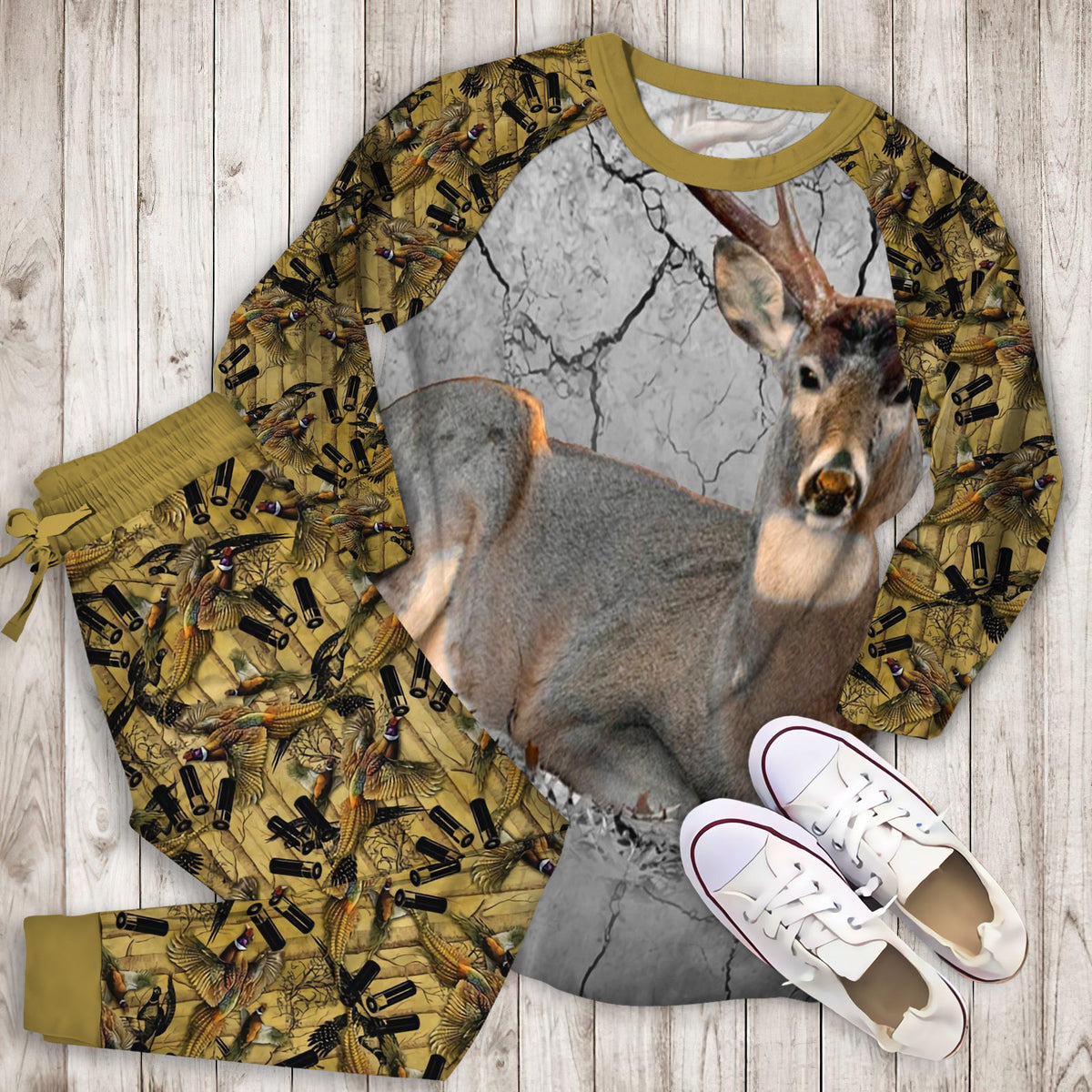 Hunting Deer Go Pajama Set | Pajamas | Cotton Sleepwear Sets | Soft Long Sleeve Pjs | Raglan Shirt and Pants Set