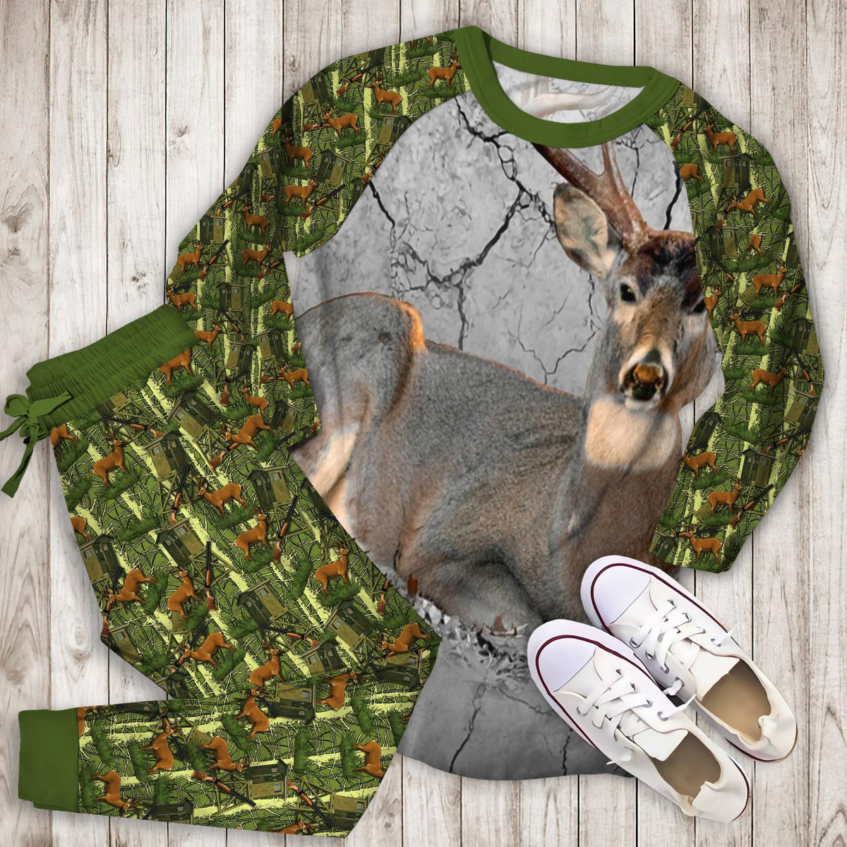 Hunting Deer Go Pajama Set | Pajamas | Cotton Sleepwear Sets | Soft Long Sleeve Pjs | Raglan Shirt and Pants Set
