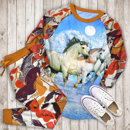 Mystical White Horses Pajama Set |Sleepwear Pjs Sets | Raglan Shirt Pants Set