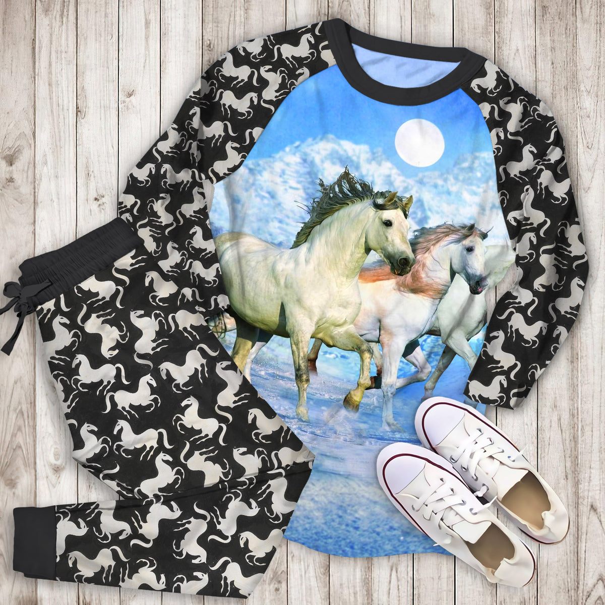 Mystical White Horses Pajama Set |Sleepwear Pjs Sets | Raglan Shirt Pants Set