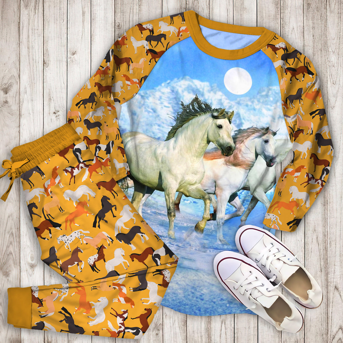 Mystical White Horses Pajama Set |Sleepwear Pjs Sets | Raglan Shirt Pants Set