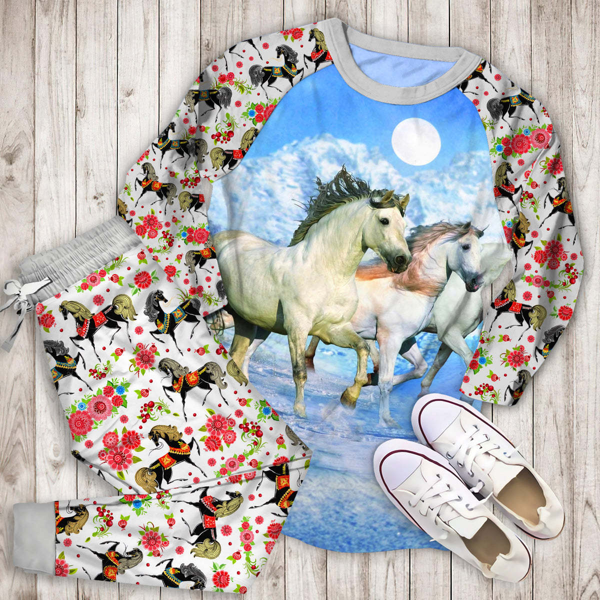 Mystical White Horses Pajama Set |Sleepwear Pjs Sets | Raglan Shirt Pants Set