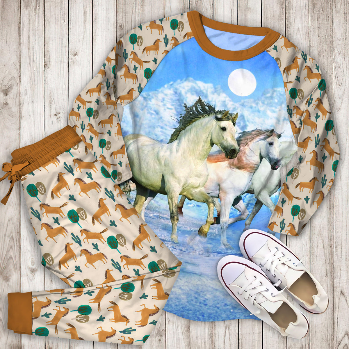 Mystical White Horses Pajama Set |Sleepwear Pjs Sets | Raglan Shirt Pants Set