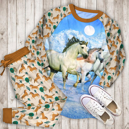 Mystical White Horses Pajama Set |Sleepwear Pjs Sets | Raglan Shirt Pants Set
