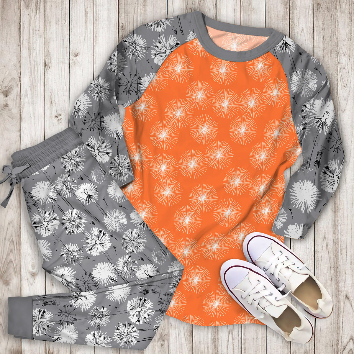 Dandelions Tangerine Pajama Set |Sleepwear Pjs Sets | Raglan Shirt Pants Set