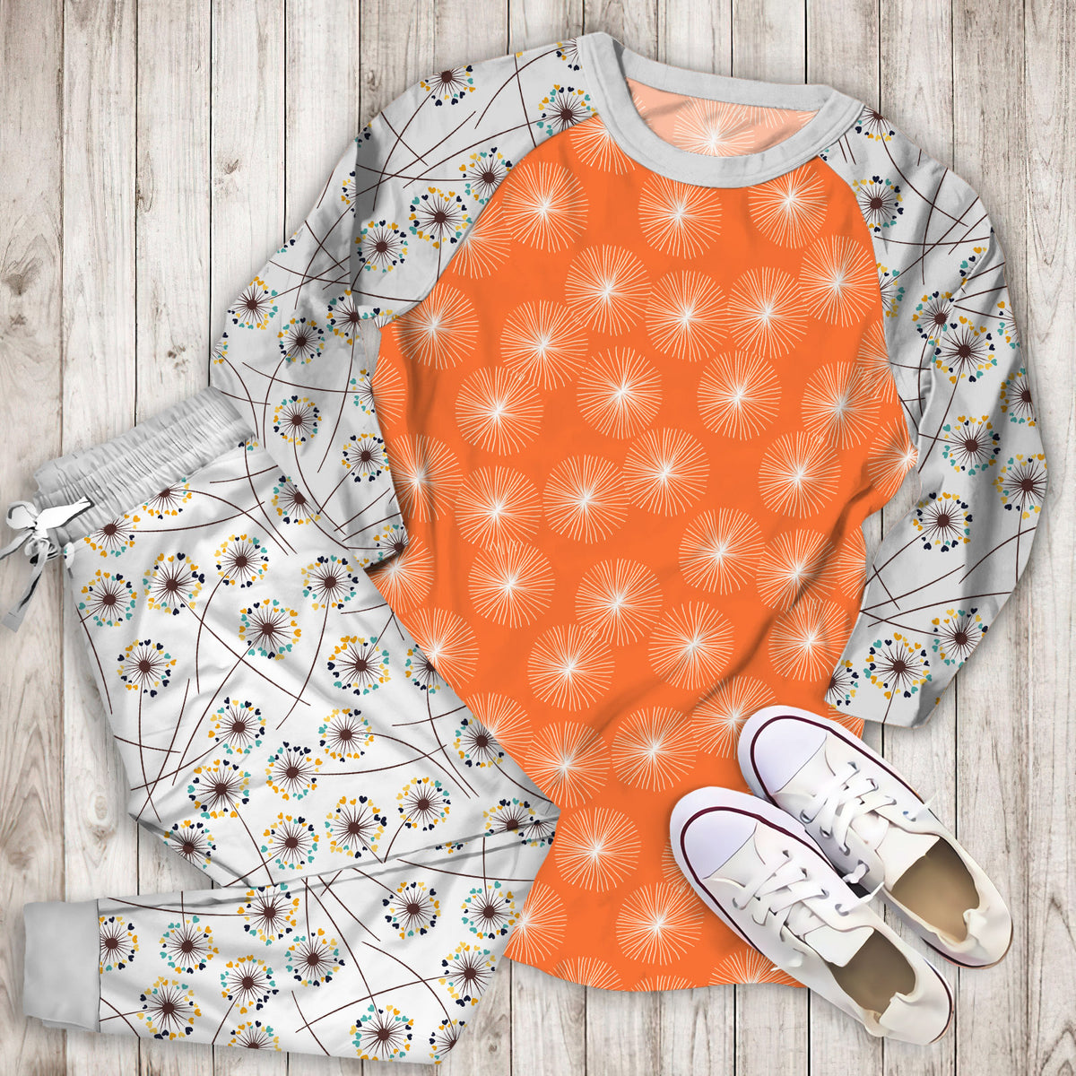 Dandelions Tangerine Pajama Set |Sleepwear Pjs Sets | Raglan Shirt Pants Set