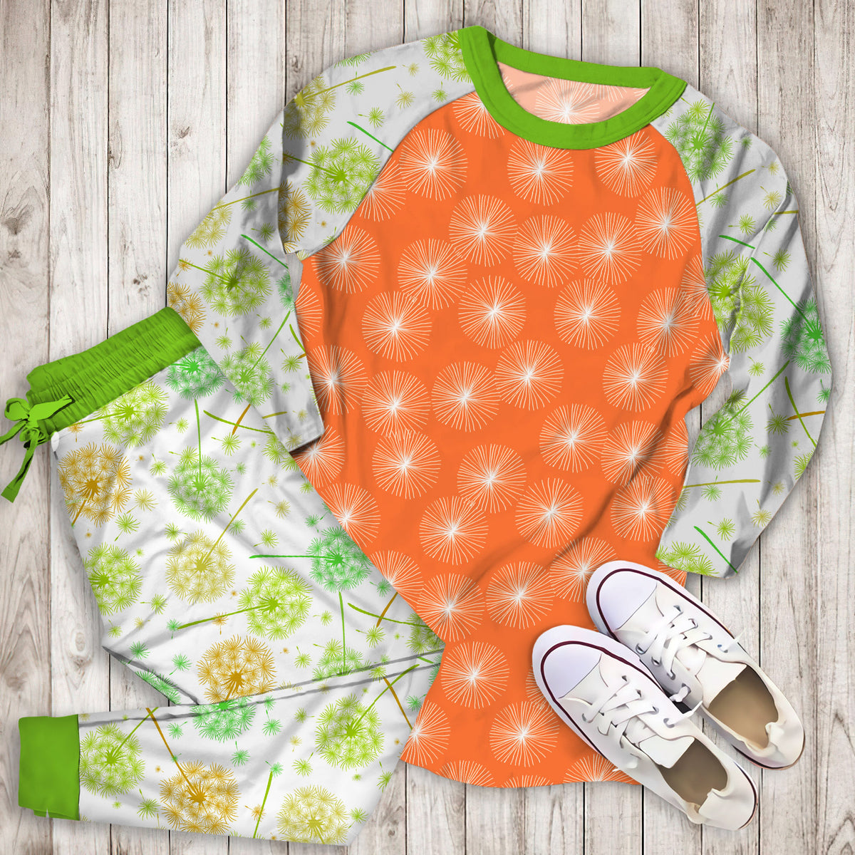 Dandelions Tangerine Pajama Set |Sleepwear Pjs Sets | Raglan Shirt Pants Set