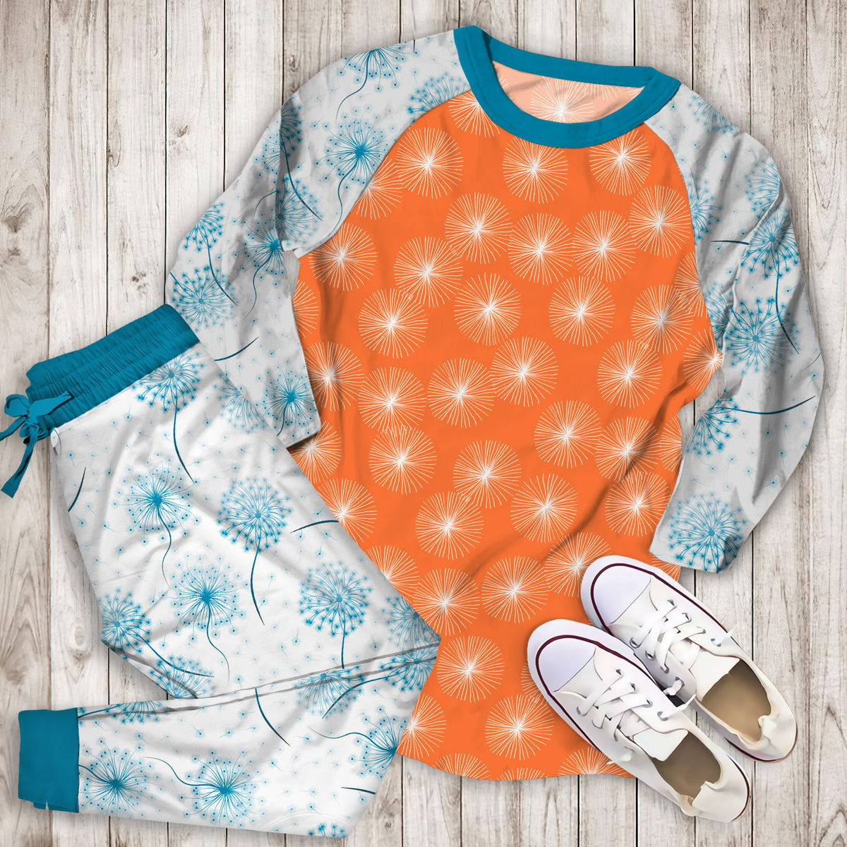 Dandelions Tangerine Pajama Set |Sleepwear Pjs Sets | Raglan Shirt Pants Set
