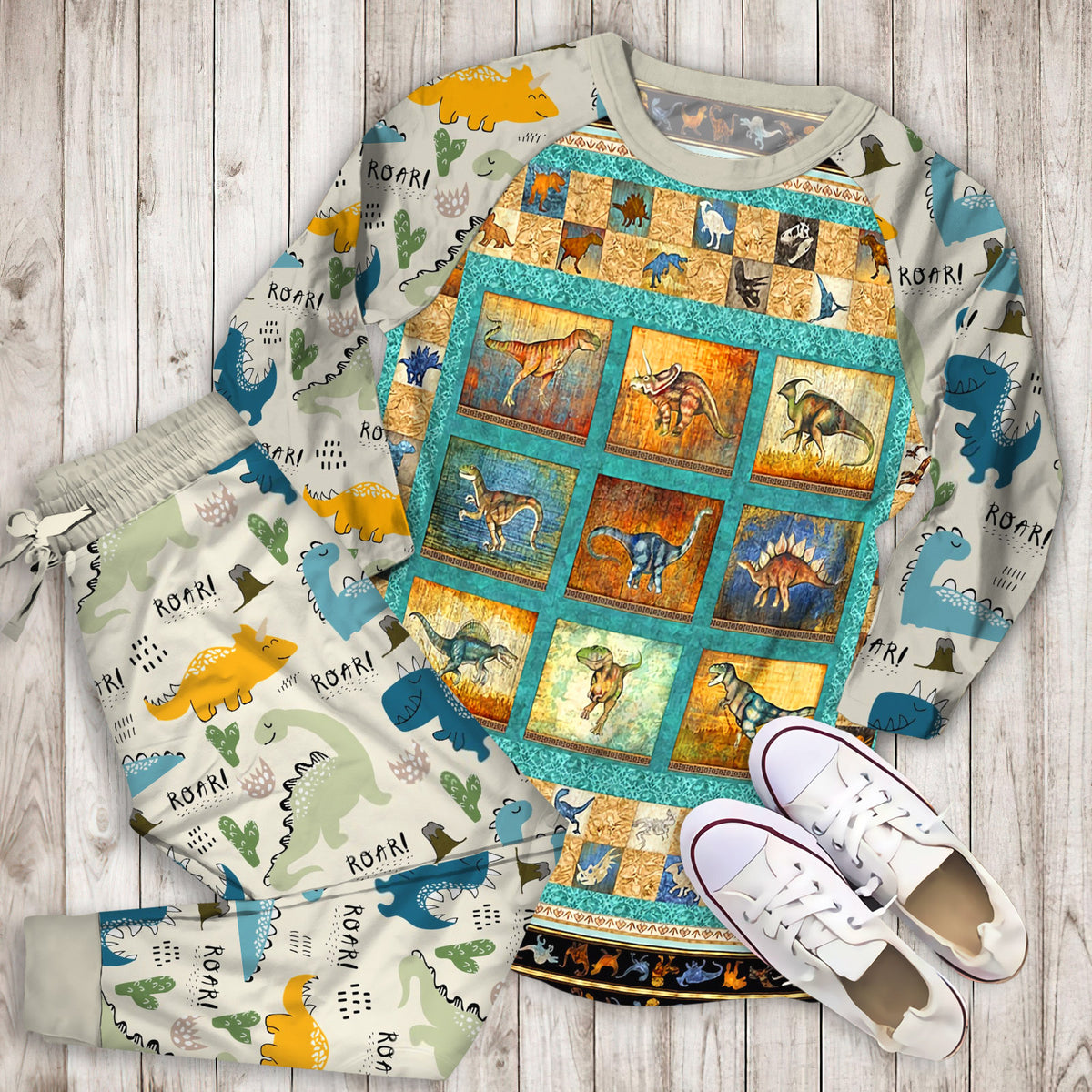 Dinosaur Lost World Pajama Set | Pajamas | Cotton Sleepwear Sets | Soft Long Sleeve Pjs | Raglan Shirt and Pants Set