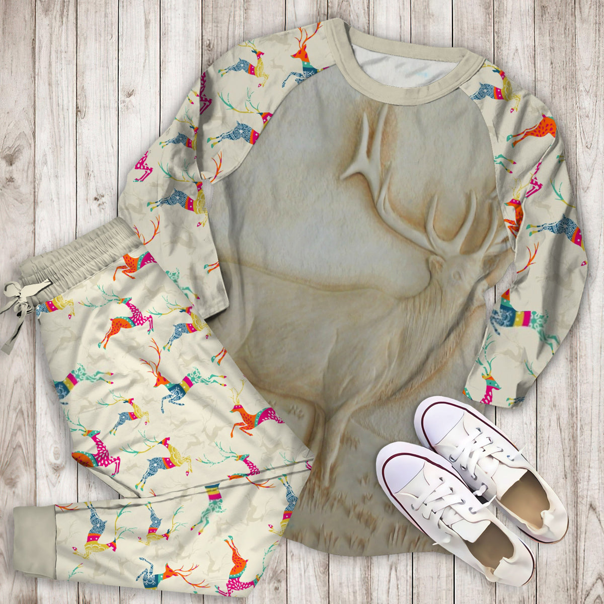 Deer Pajama Set | Pajamas | Cotton Sleepwear Sets | Soft Long Sleeve Pjs | Raglan Shirt and Pants Set
