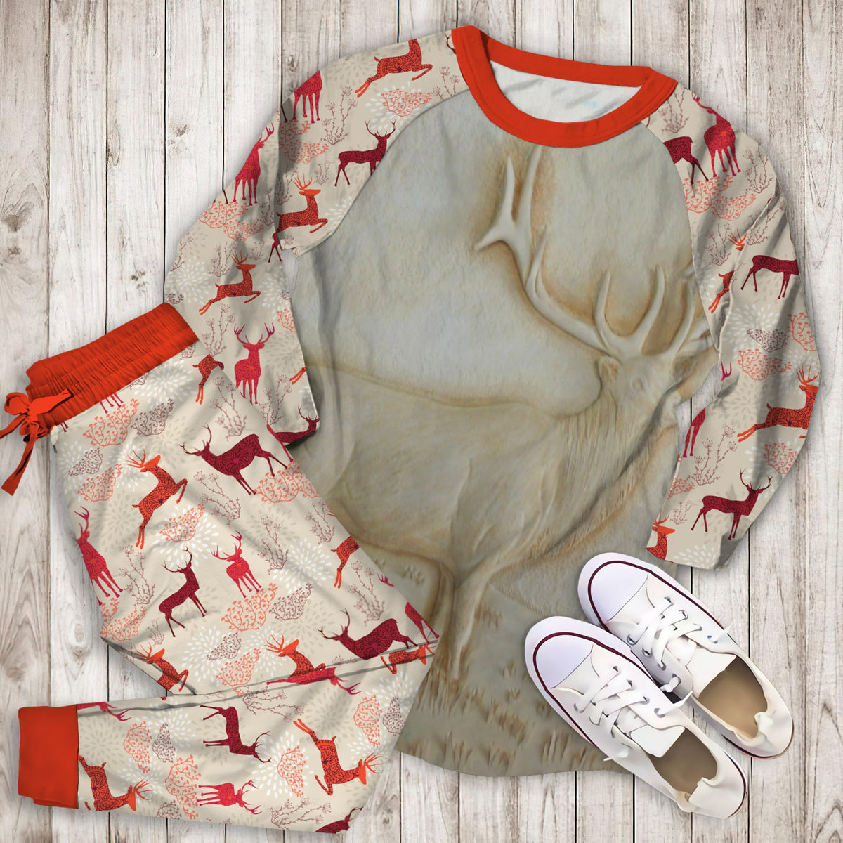 Deer Pajama Set | Pajamas | Cotton Sleepwear Sets | Soft Long Sleeve Pjs | Raglan Shirt and Pants Set