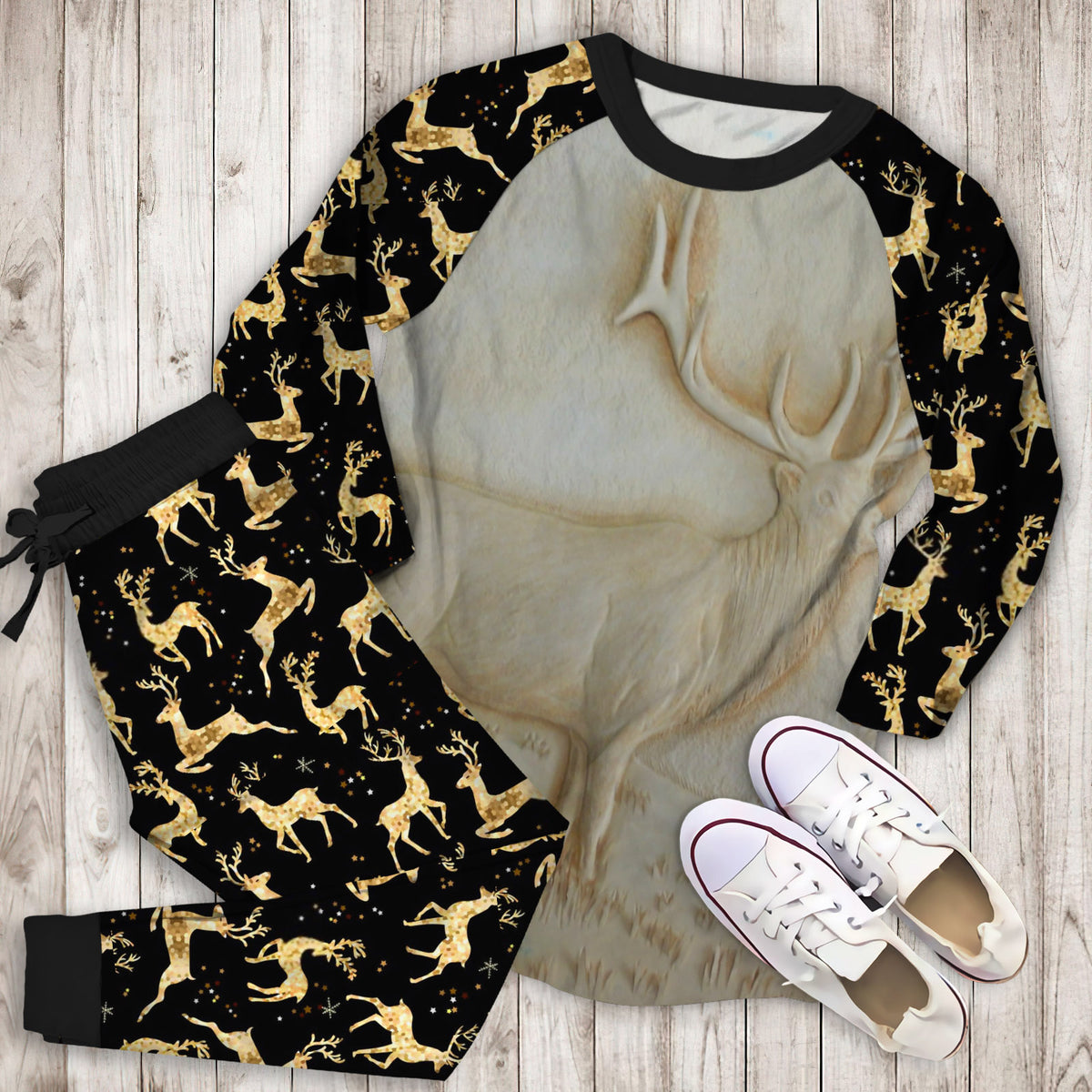 Deer Pajama Set | Pajamas | Cotton Sleepwear Sets | Soft Long Sleeve Pjs | Raglan Shirt and Pants Set