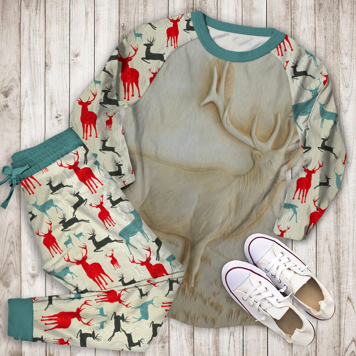 Deer Pajama Set | Pajamas | Cotton Sleepwear Sets | Soft Long Sleeve Pjs | Raglan Shirt and Pants Set