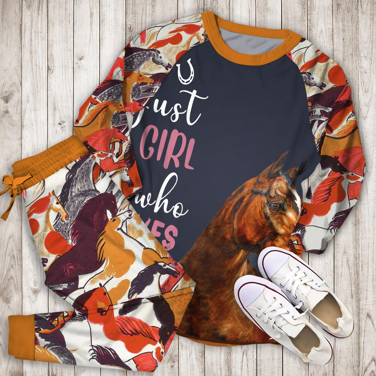 Just A Girl Who Loves Horse Pajama Set | Pajamas | Cotton Sleepwear Sets | Soft Long Sleeve Pjs | Raglan Shirt and Pants Set
