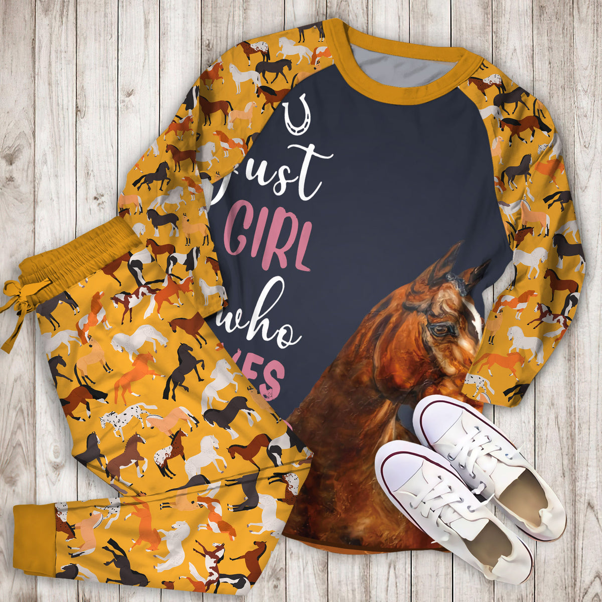 Just A Girl Who Loves Horse Pajama Set | Pajamas | Cotton Sleepwear Sets | Soft Long Sleeve Pjs | Raglan Shirt and Pants Set