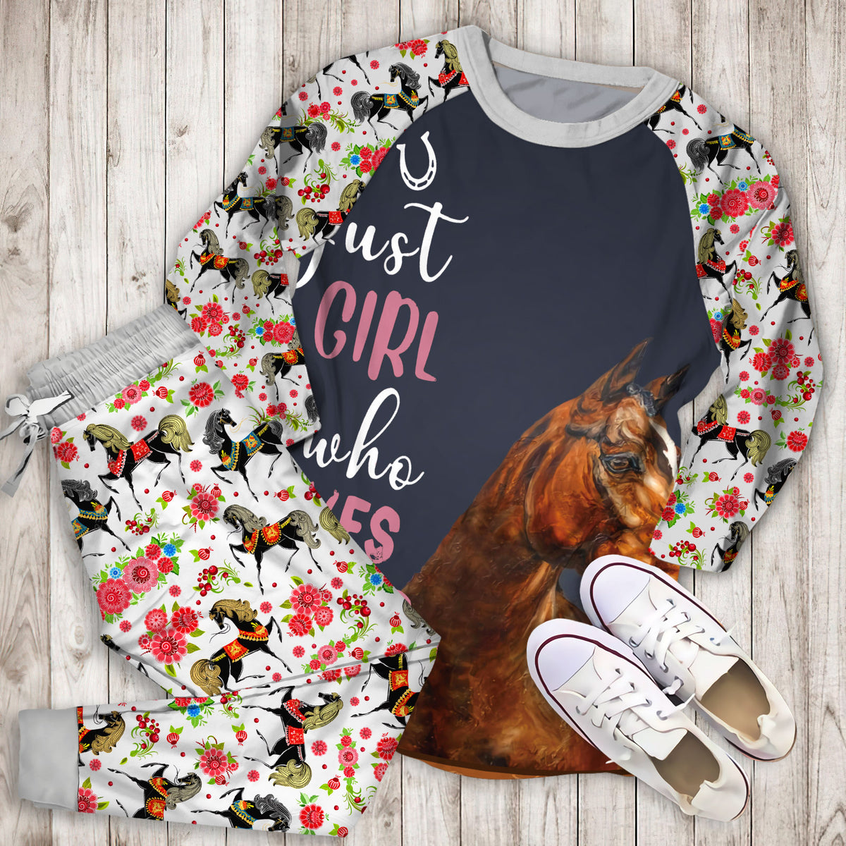 Just A Girl Who Loves Horse Pajama Set | Pajamas | Cotton Sleepwear Sets | Soft Long Sleeve Pjs | Raglan Shirt and Pants Set