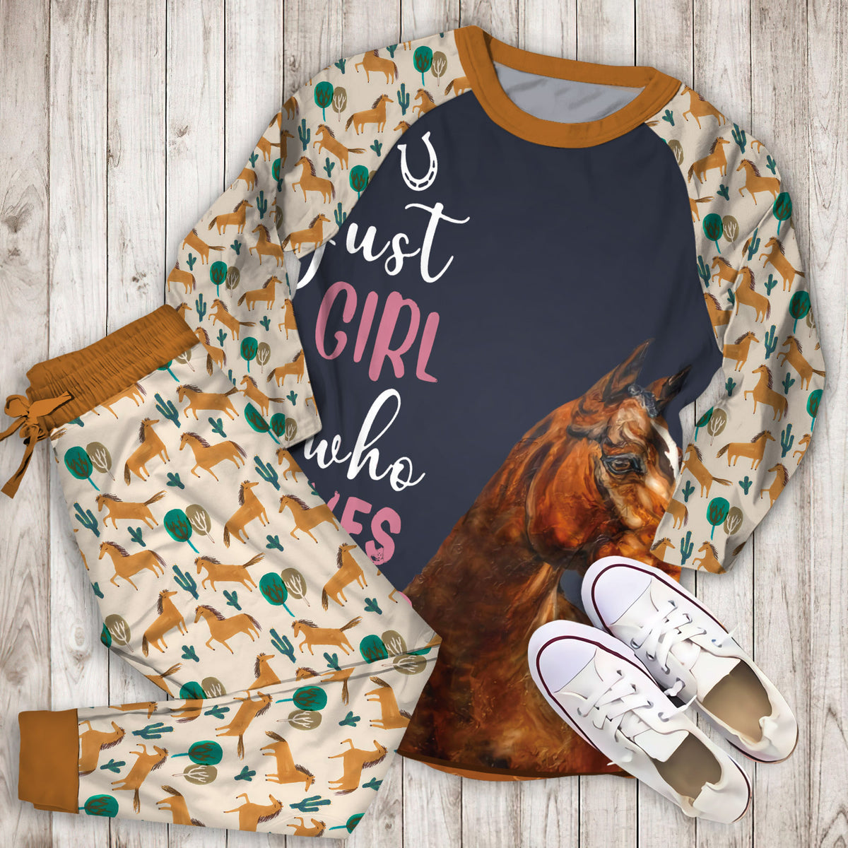 Just A Girl Who Loves Horse Pajama Set | Pajamas | Cotton Sleepwear Sets | Soft Long Sleeve Pjs | Raglan Shirt and Pants Set