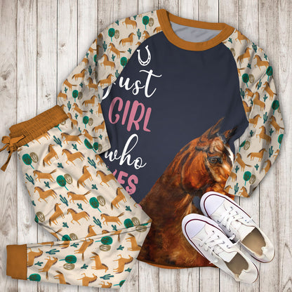 Just A Girl Who Loves Horse Pajama Set | Pajamas | Cotton Sleepwear Sets | Soft Long Sleeve Pjs | Raglan Shirt and Pants Set