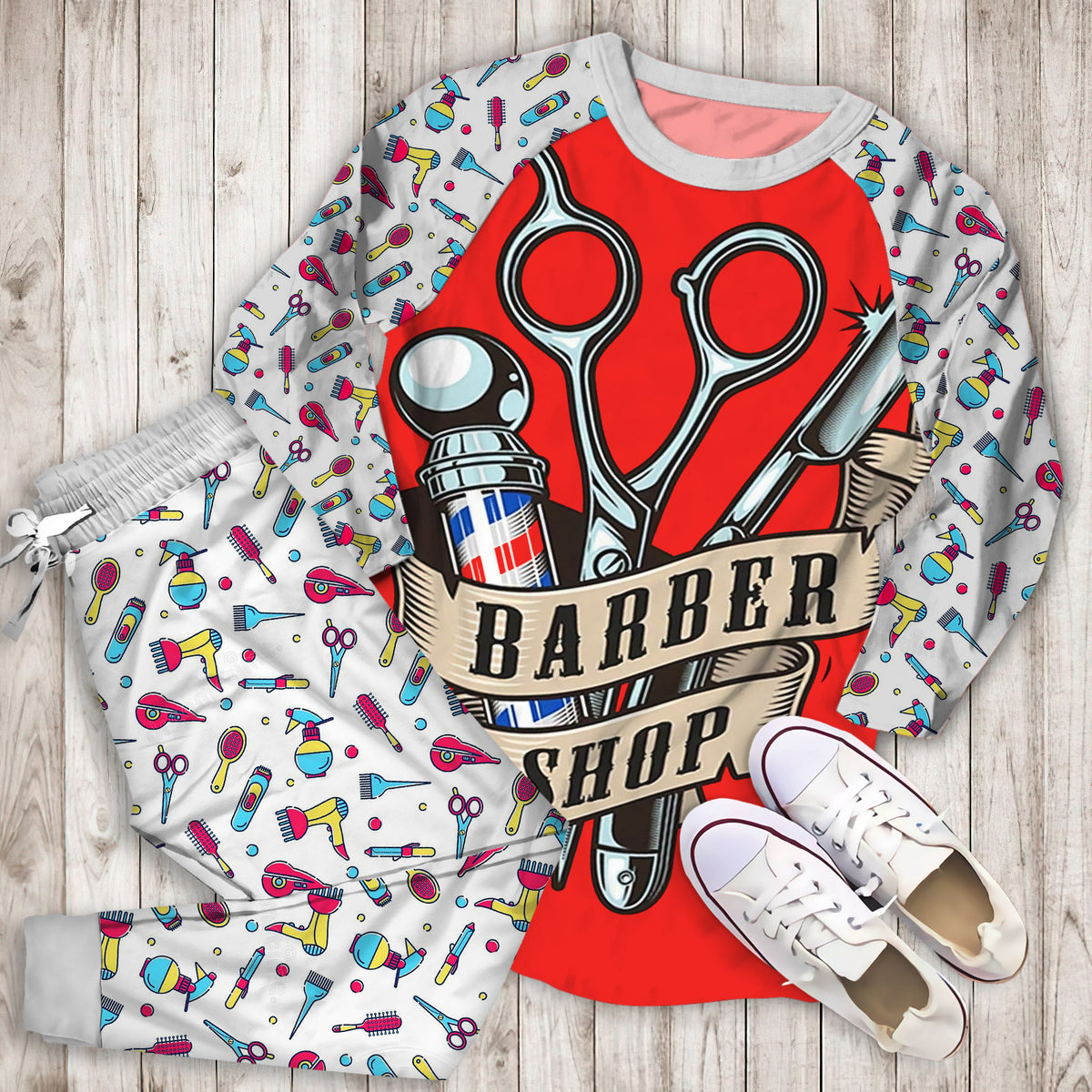 Barber Pajama Set | Pajamas | Cotton Sleepwear Sets | Soft Long Sleeve Pjs | Raglan Shirt and Pants Set