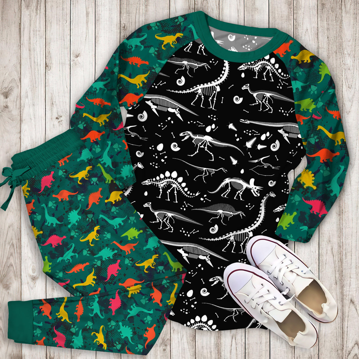 Black Dinosaur Pajama Set |Sleepwear Pjs Sets | Raglan Shirt Pants Set